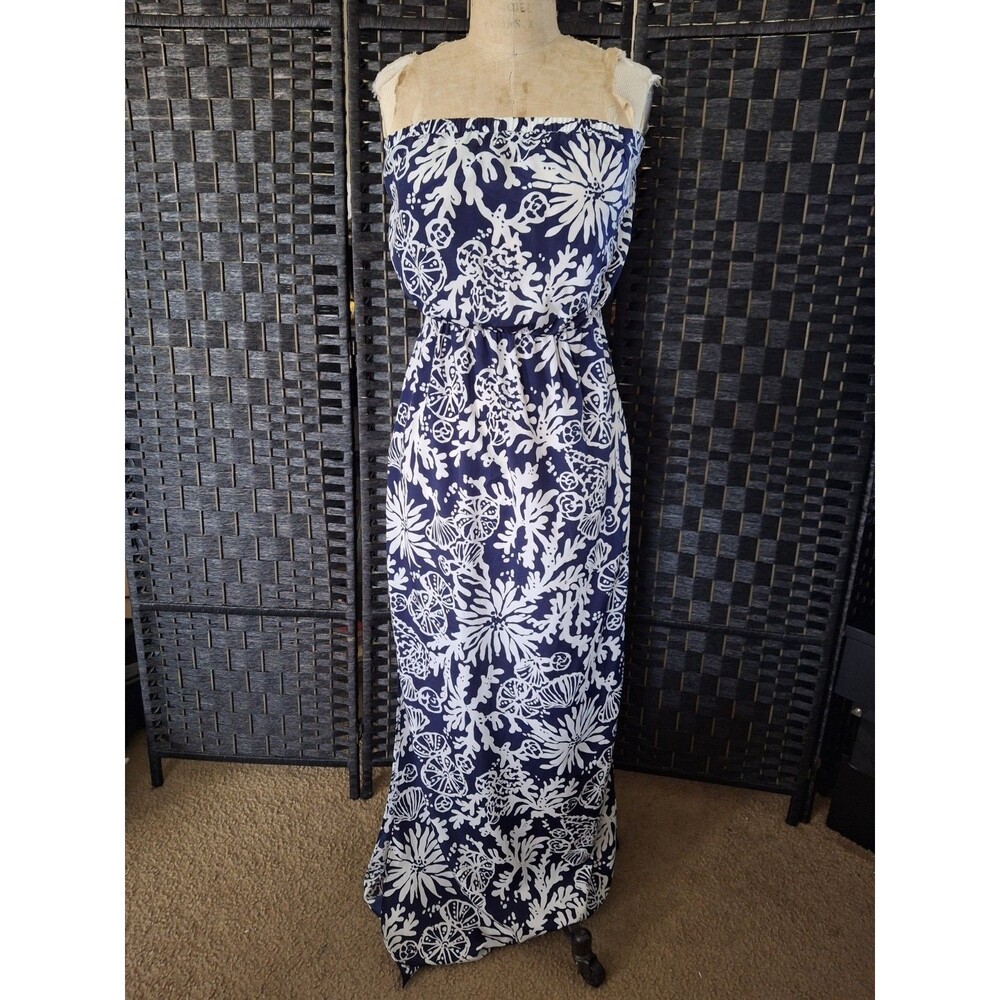 Lilly Pulitzer Emmett Maxi Dress Womens Medium Blue White Sea Shells Beach Boho